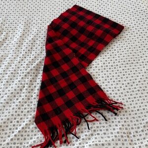 Vintage lambswool scarf, red/black check, fringe, made in Italy, 53x10.5”